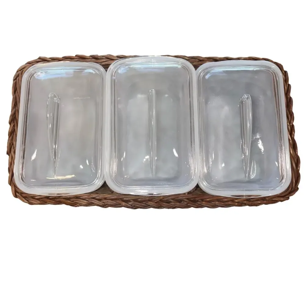 VNTG‎ Glasbake J-305 White Milk Glass Set 3 Covered Loaf Dishes Wicker Basket